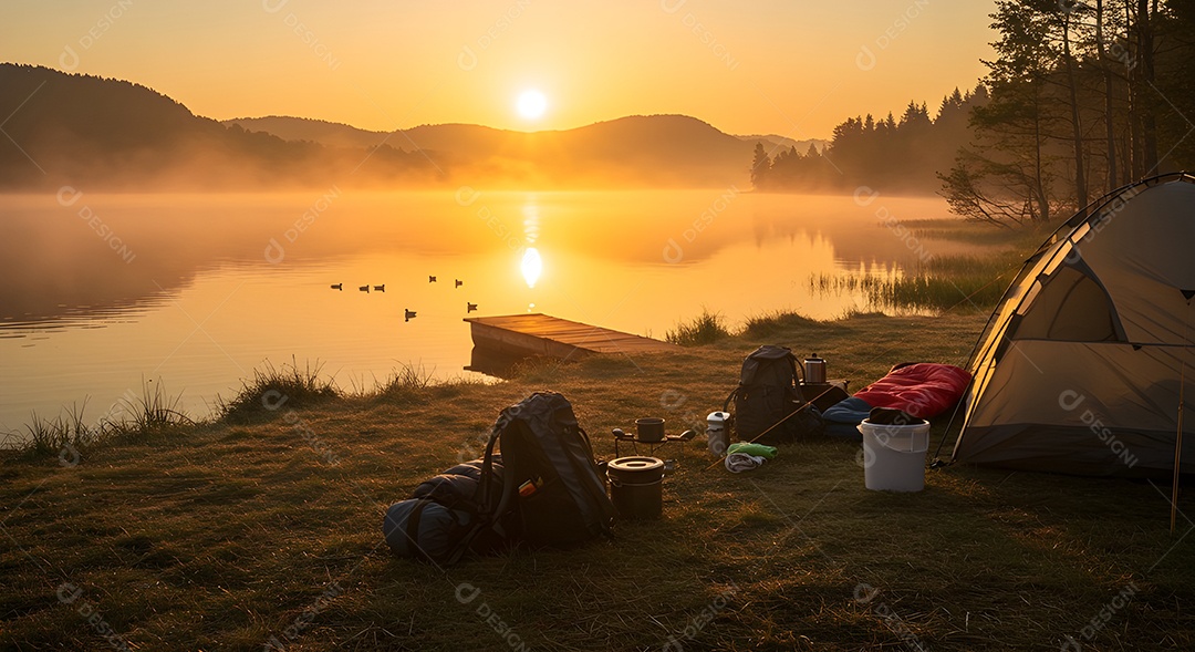 Retrato realista mostra uma barraca de camping montada à beira de um lago ou rio