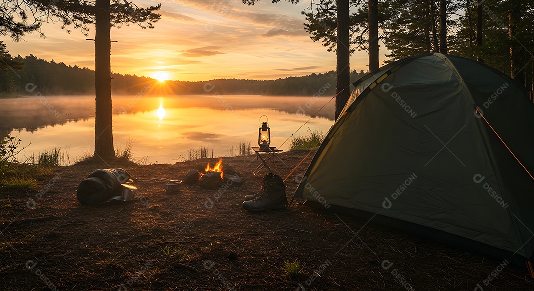Retrato realista mostra uma barraca de camping montada à beira de um lago ou rio