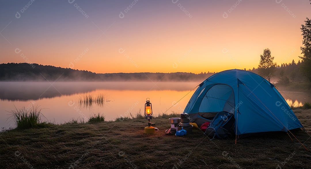 Retrato realista mostra uma barraca de camping montada à beira de um lago ou rio