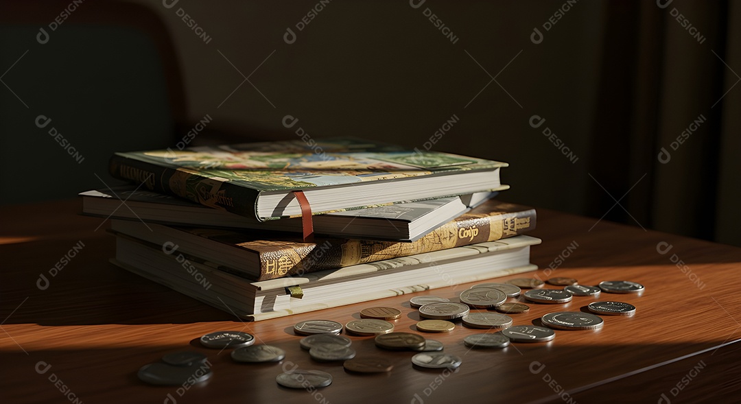 Imagem retrata uma pilha de livros e várias moedas espalhadas sobre uma superfície de madeira