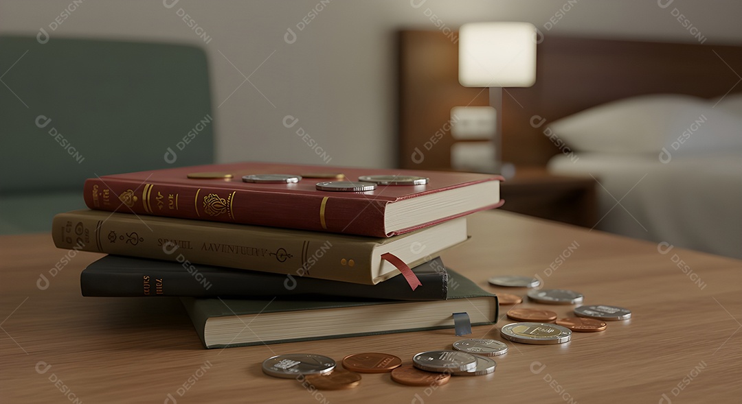 Imagem retrata uma pilha de livros e várias moedas espalhadas sobre uma superfície de madeira