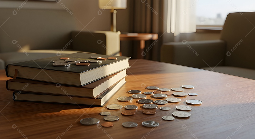 Imagem retrata uma pilha de livros e várias moedas espalhadas sobre uma superfície de madeira