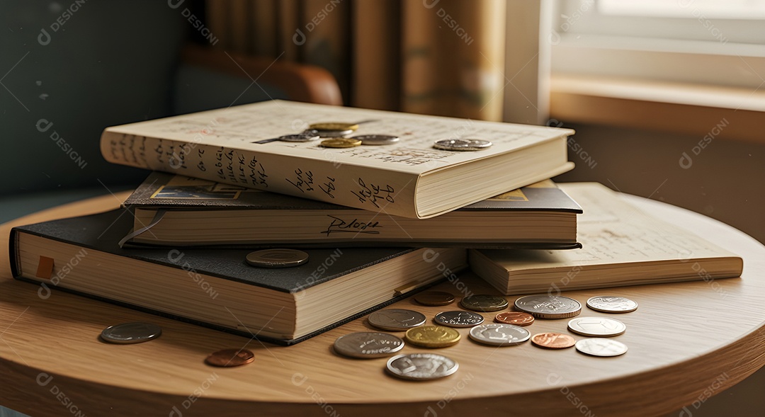 Imagem retrata uma pilha de livros e várias moedas espalhadas sobre uma superfície de madeira