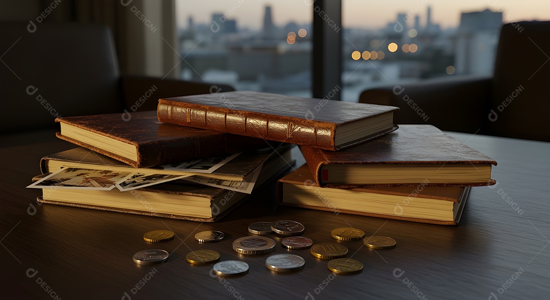 Imagem retrata uma pilha de livros e várias moedas espalhadas sobre uma superfície de madeira