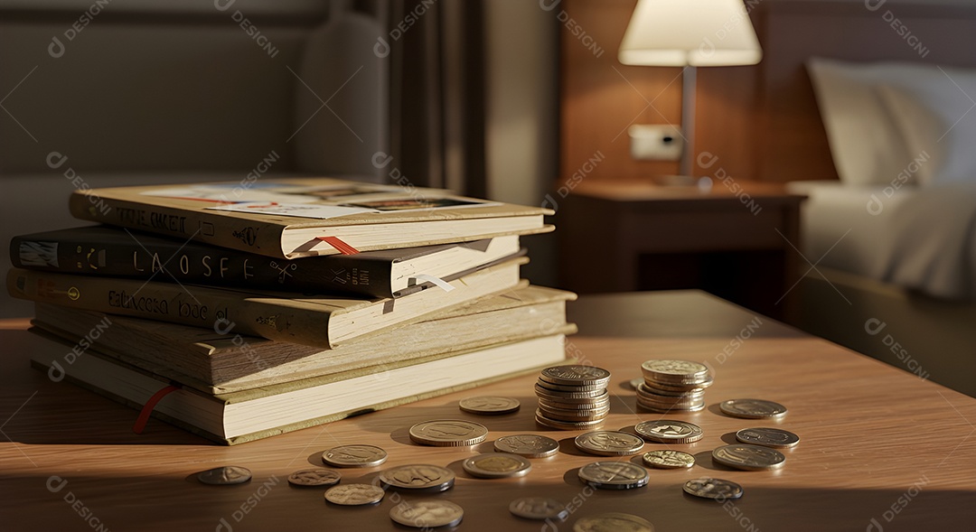 Imagem retrata uma pilha de livros e várias moedas espalhadas sobre uma superfície de madeira