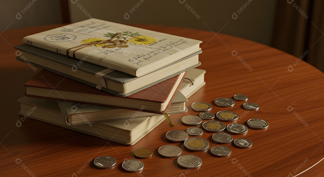 Imagem retrata uma pilha de livros e várias moedas espalhadas sobre uma superfície de madeira