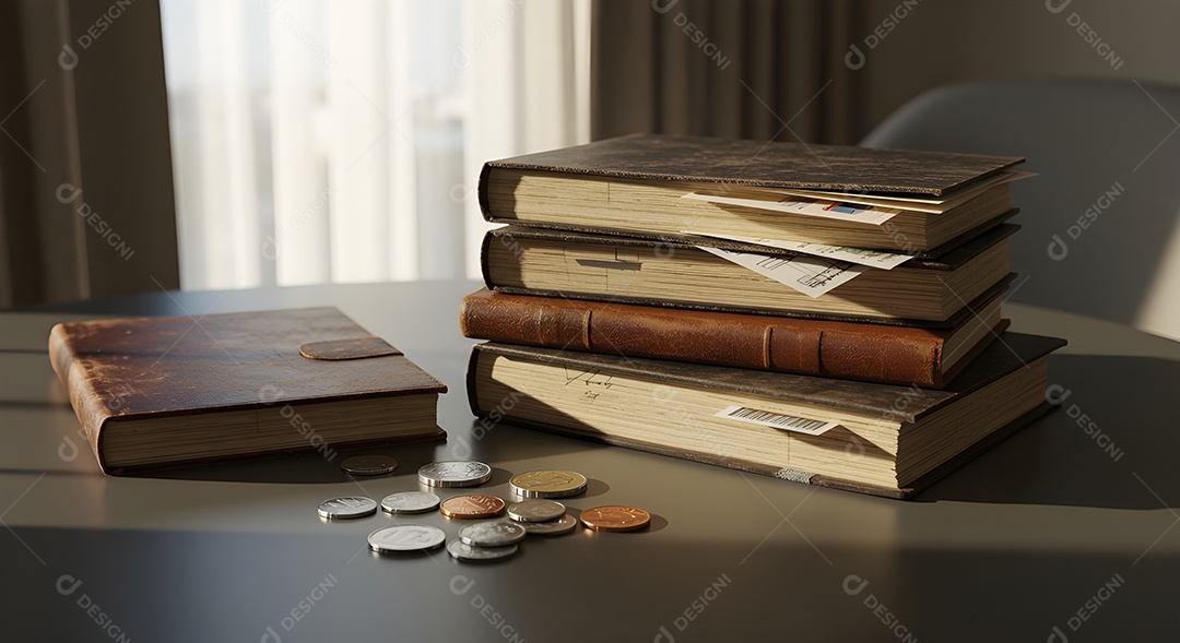 Imagem retrata uma pilha de livros e várias moedas espalhadas sobre uma superfície de madeira