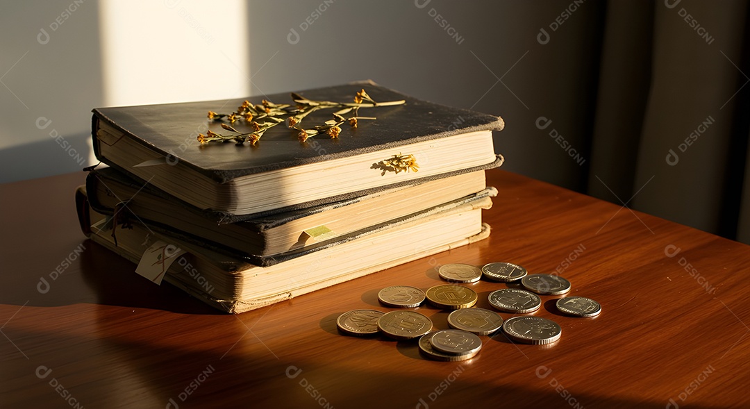 Imagem retrata uma pilha de livros e várias moedas espalhadas sobre uma superfície de madeira