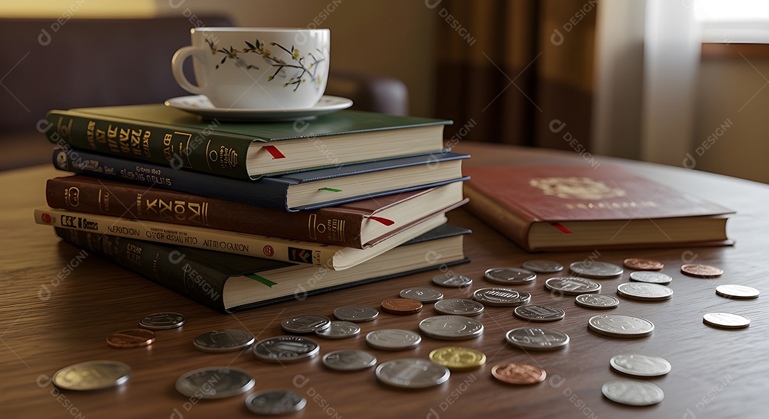 Imagem retrata uma pilha de livros e várias moedas espalhadas sobre uma superfície de madeira
