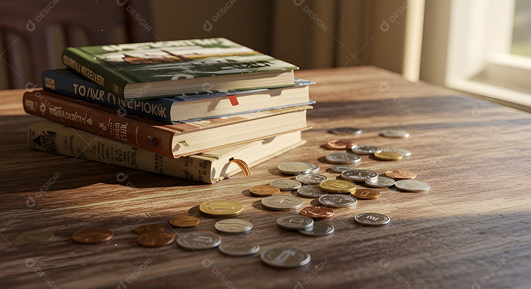 Imagem retrata uma pilha de livros e várias moedas espalhadas sobre uma superfície de madeira
