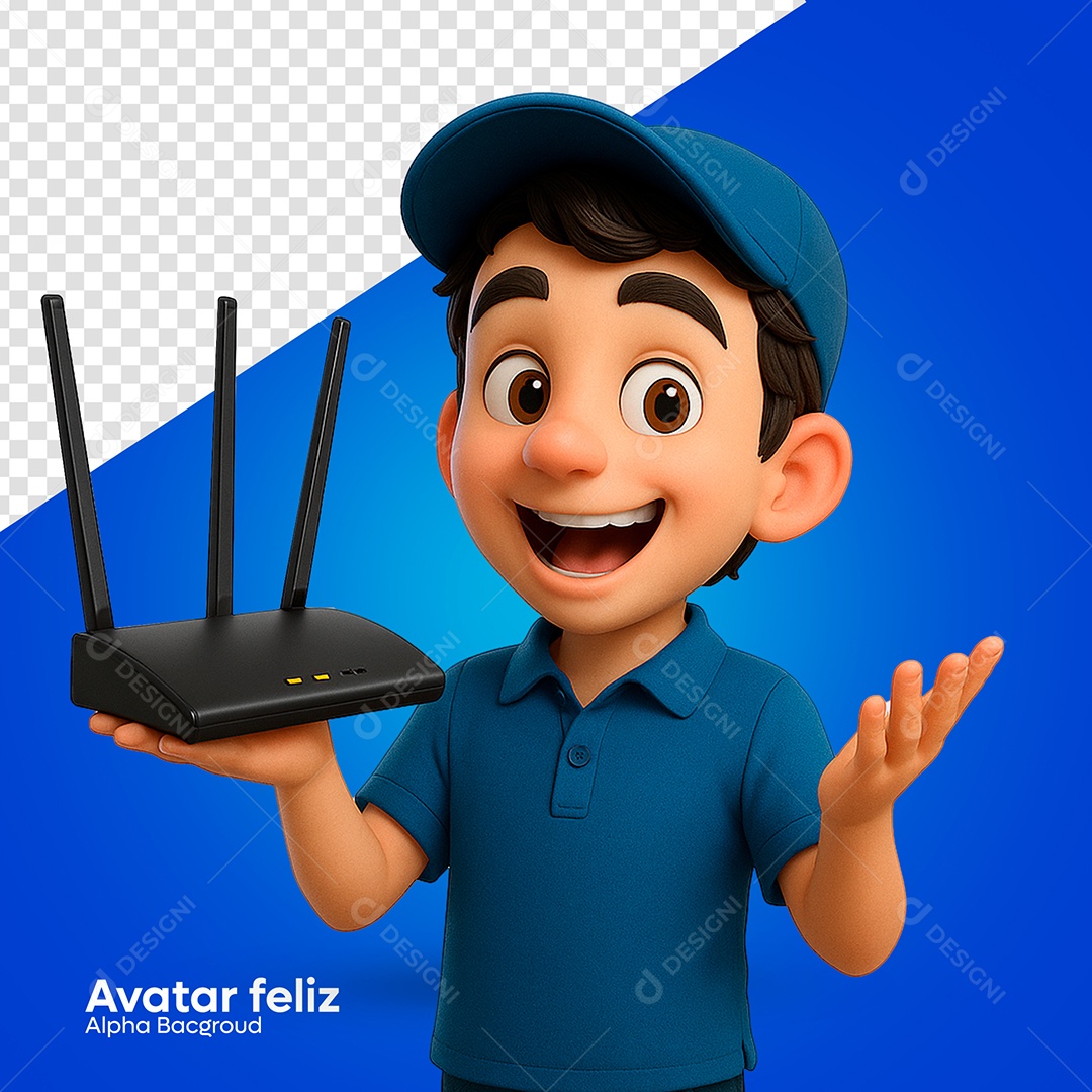 Avatar Feliz Técnico de Internet Personagem 3D para Composição PSD