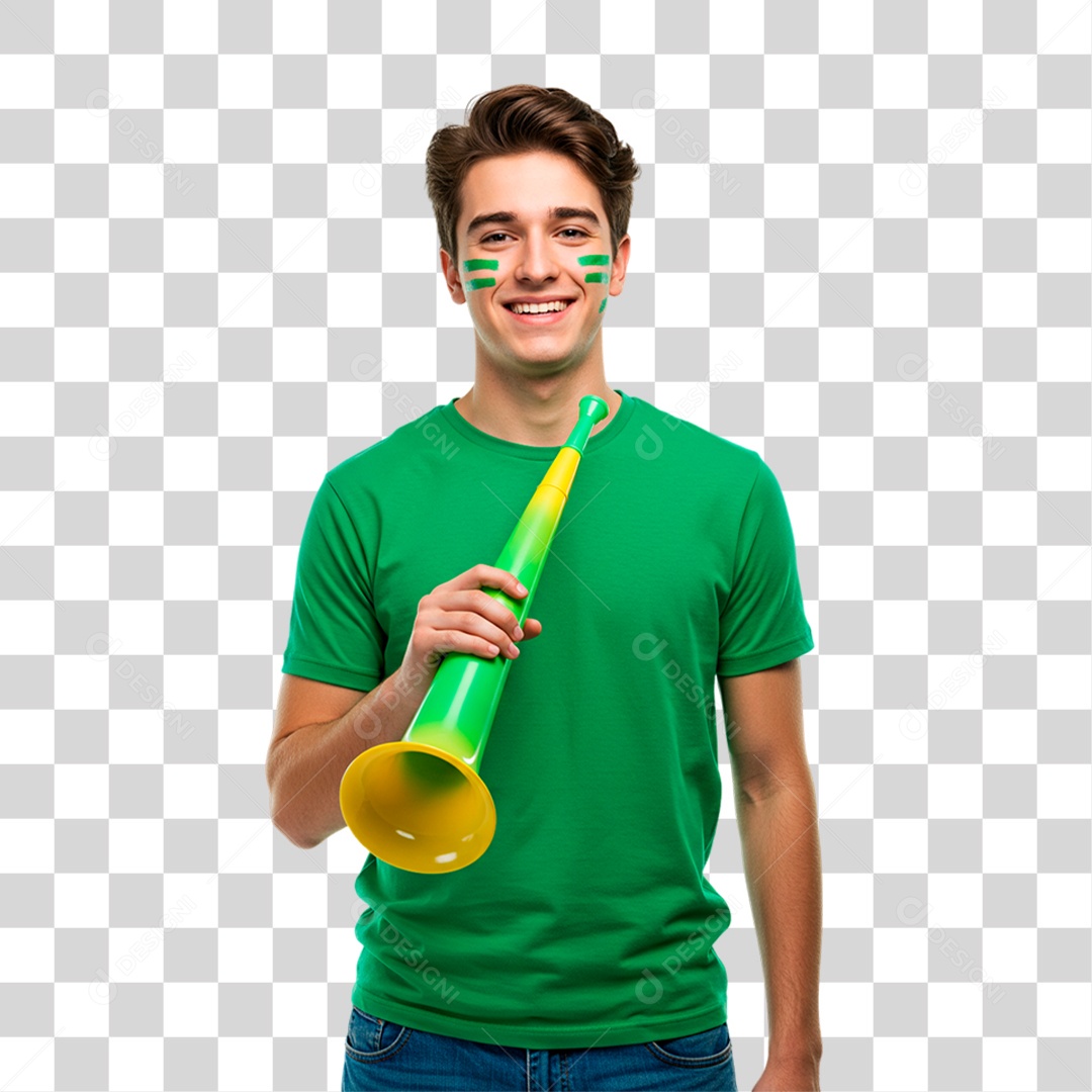 Jovem Torcedor Segurando Corneta PNG Transparente