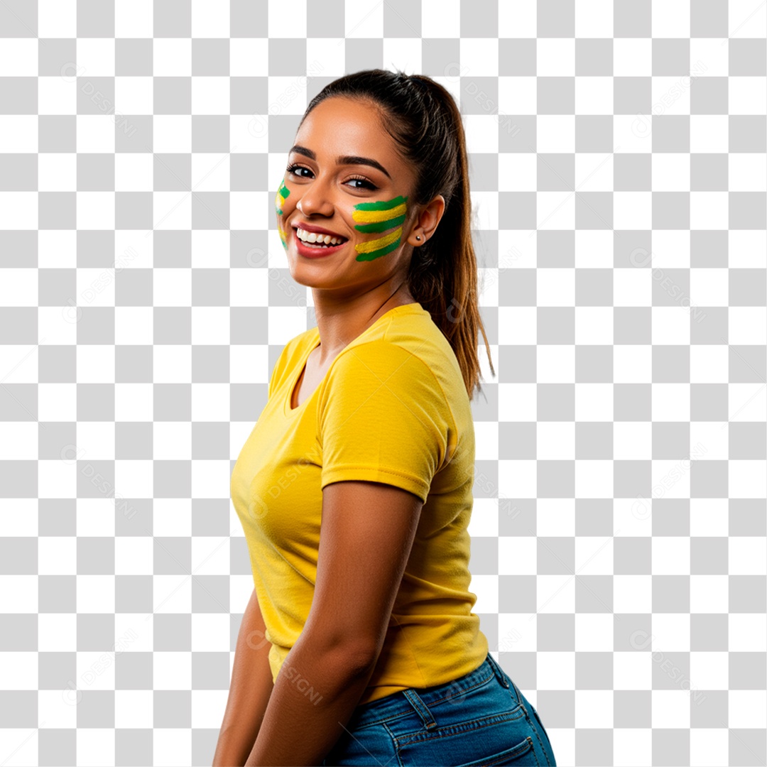 Mulher de Camiseta Amarela Torcedora PNG Transparente