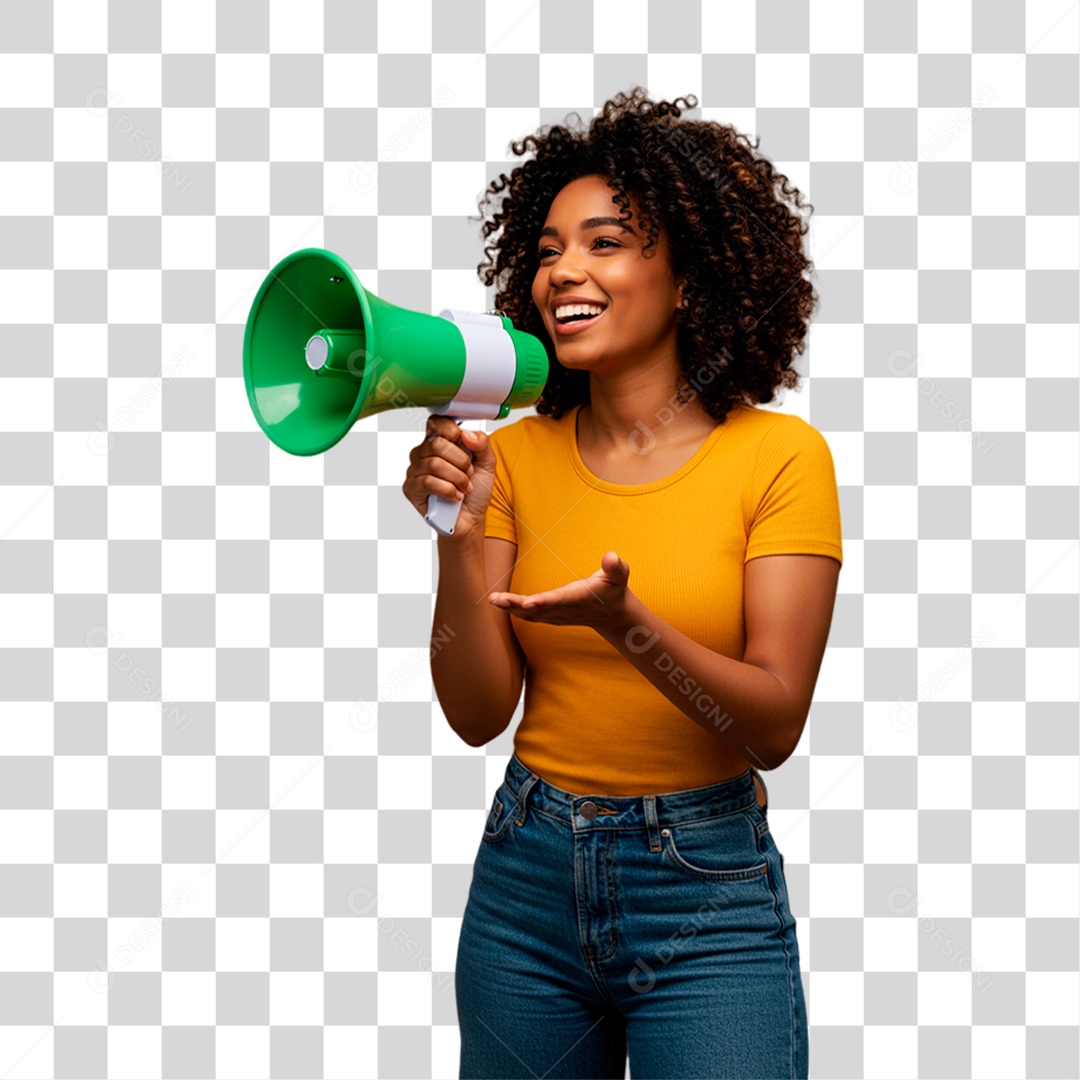 Mulher de Camiseta Amarela Segurando Megafone PNG Transparente