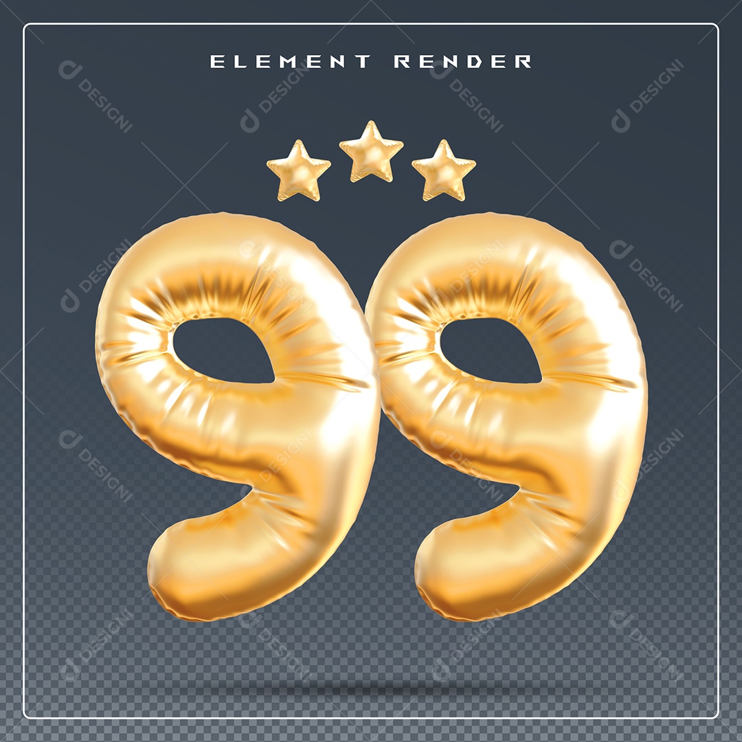 Elemento 3D Número 99 Dourado para Composição PSD