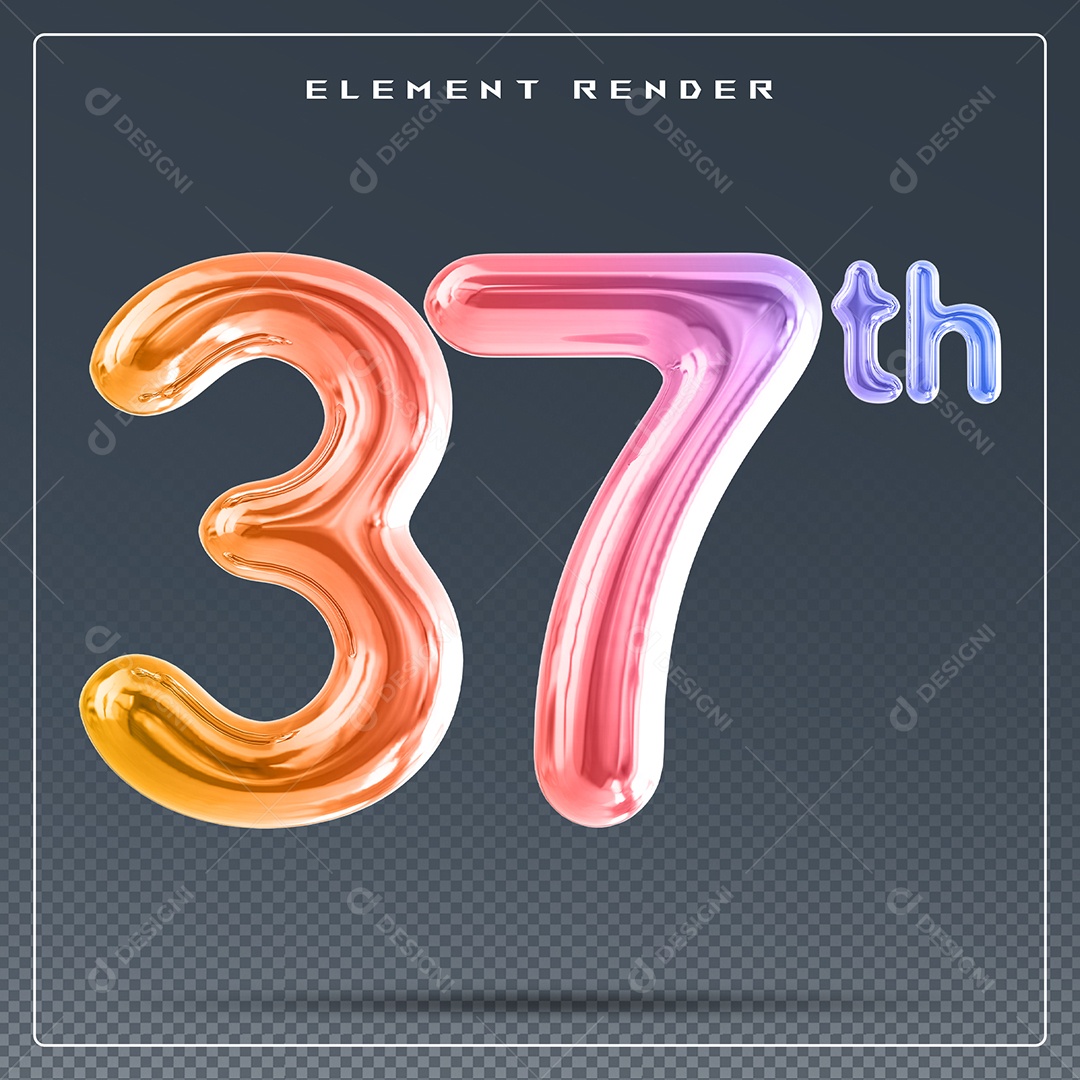 Elemento 3D Número 37 Th Colorido para Composição PSD