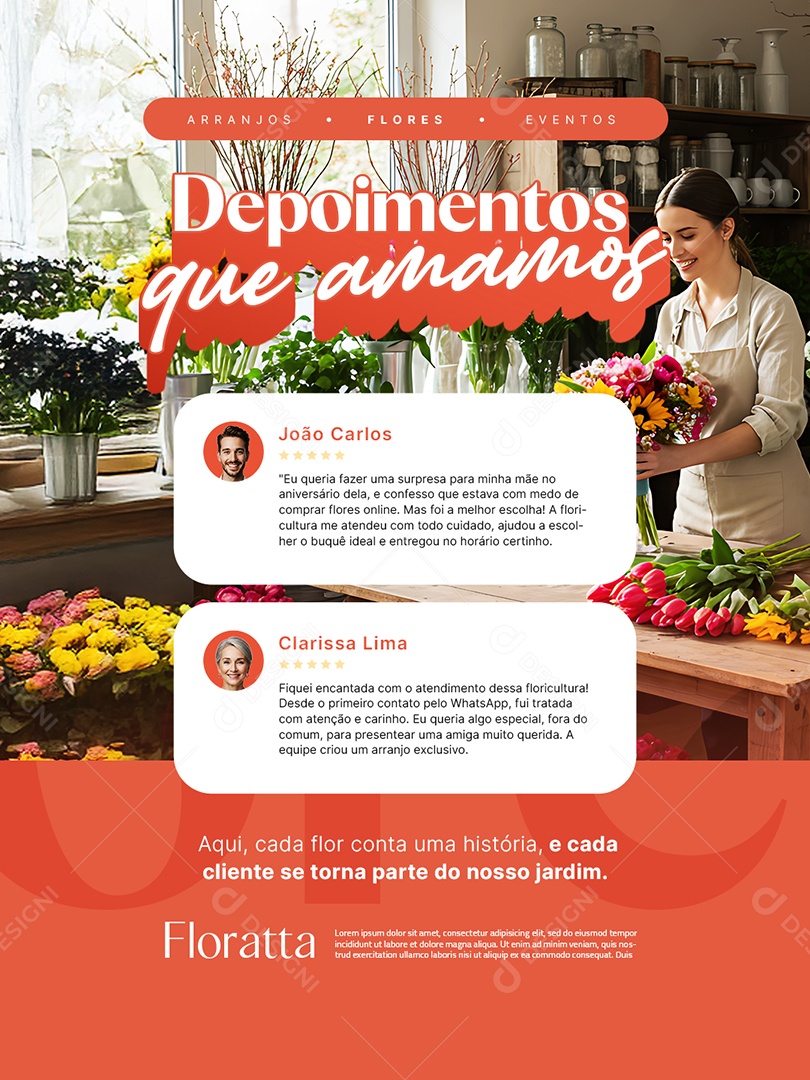 Floricultura Depoimentos que Amamos Social Media PSD Editável
