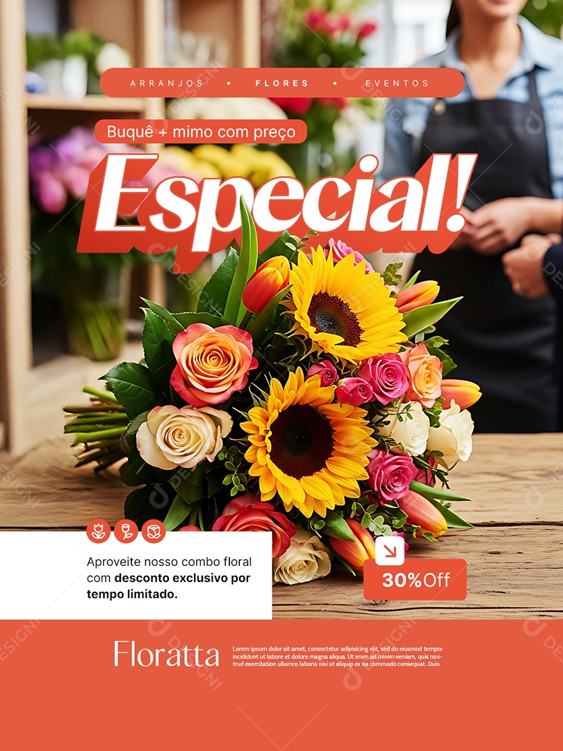 Floricultura Buquê Mais Mimo com Preço Especial Social Media PSD Editável