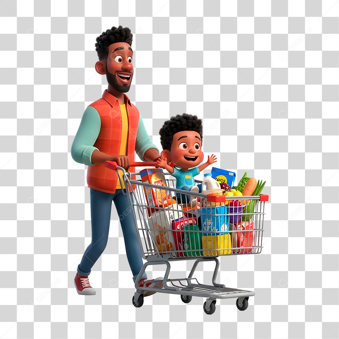 Personagem Pai e Filho com Carrinho de Supermercado PNG Transparente