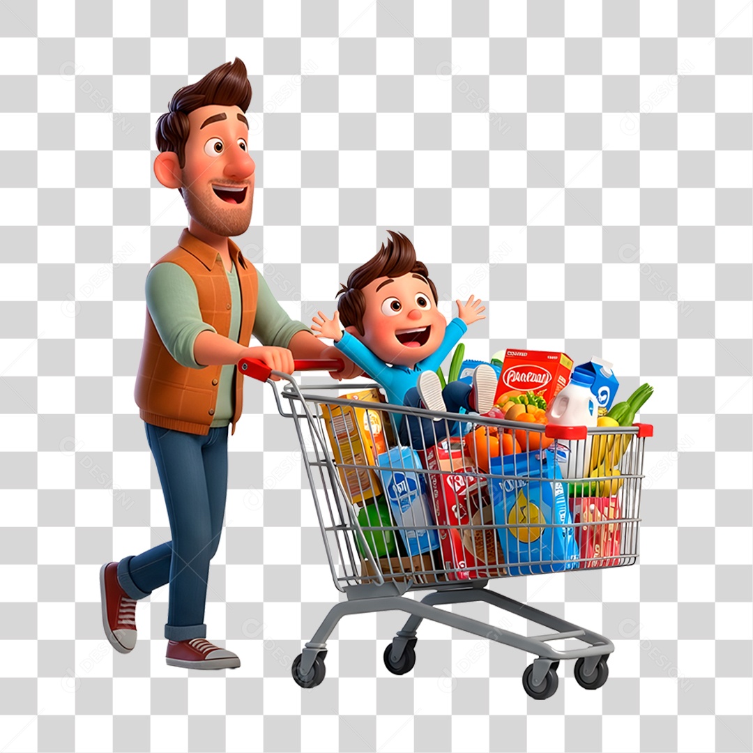 Personagem Pai e Filho com Carrinho de Supermercado PNG Transparente