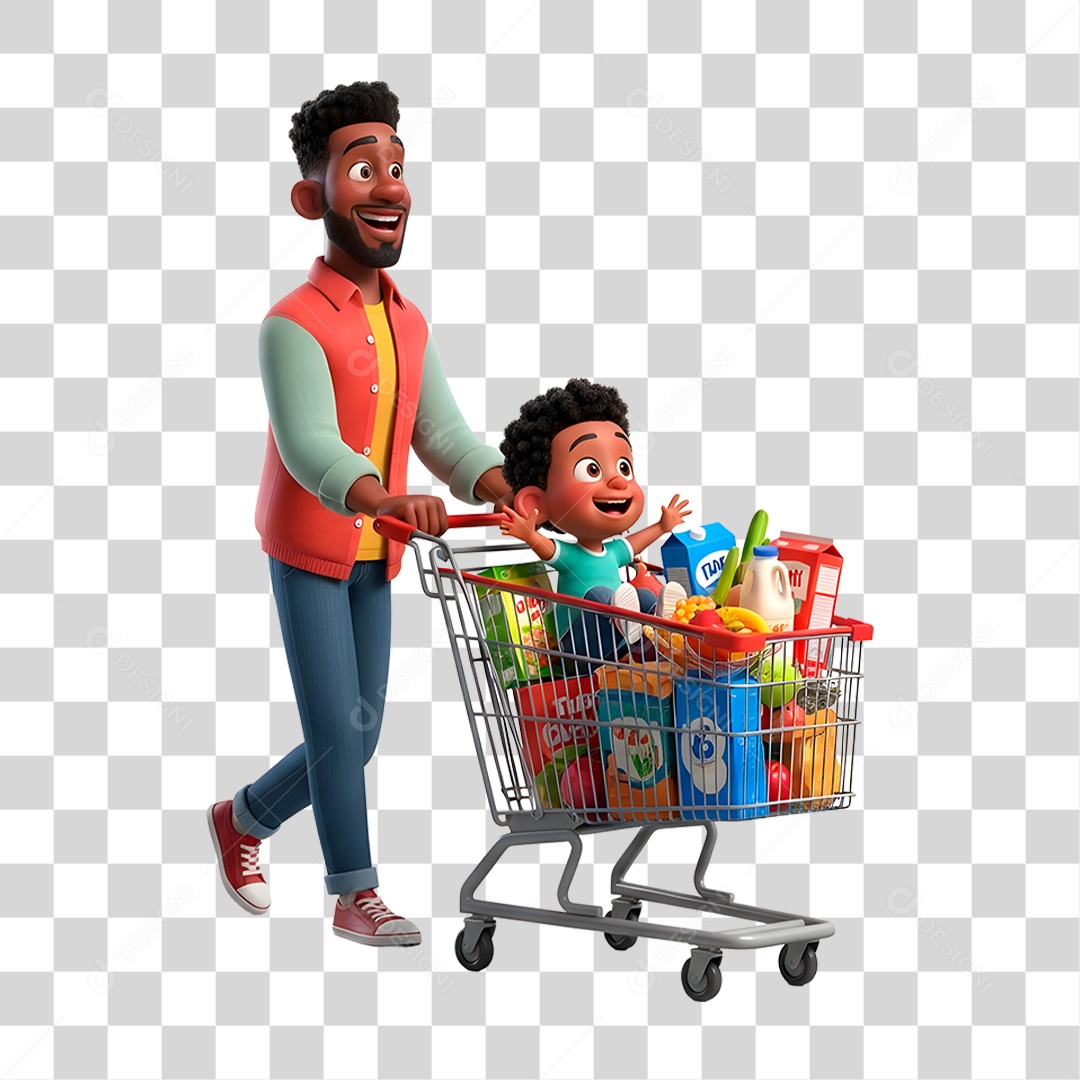 Personagem Pai e Filho com Carrinho de Supermercado PNG Transparente