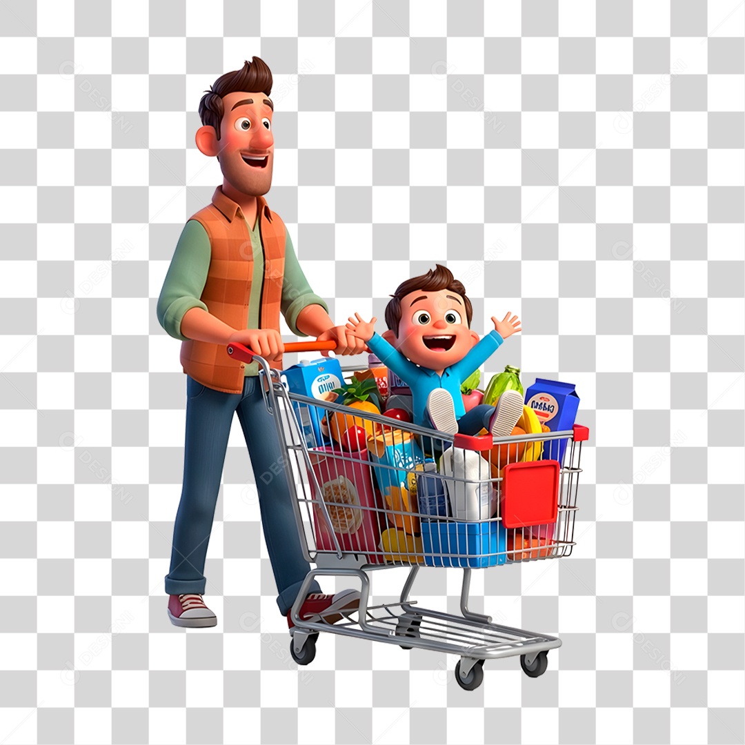 Personagem Pai e Filho com Carrinho de Supermercado PNG Transparente