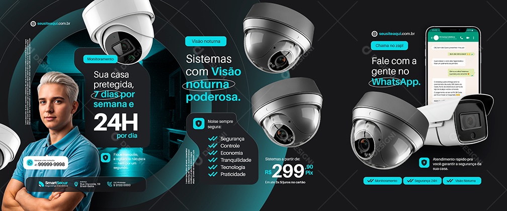 Carrossel Câmeras de Segurança Sistemas com Visão Noturna Social Media PSD Editável