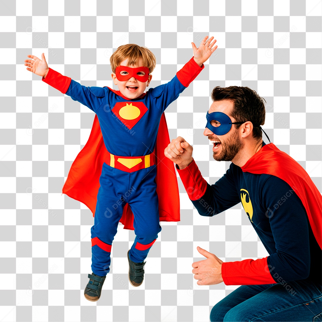 Pai e Filho com Fantasia de Super Herói PNG Transparente