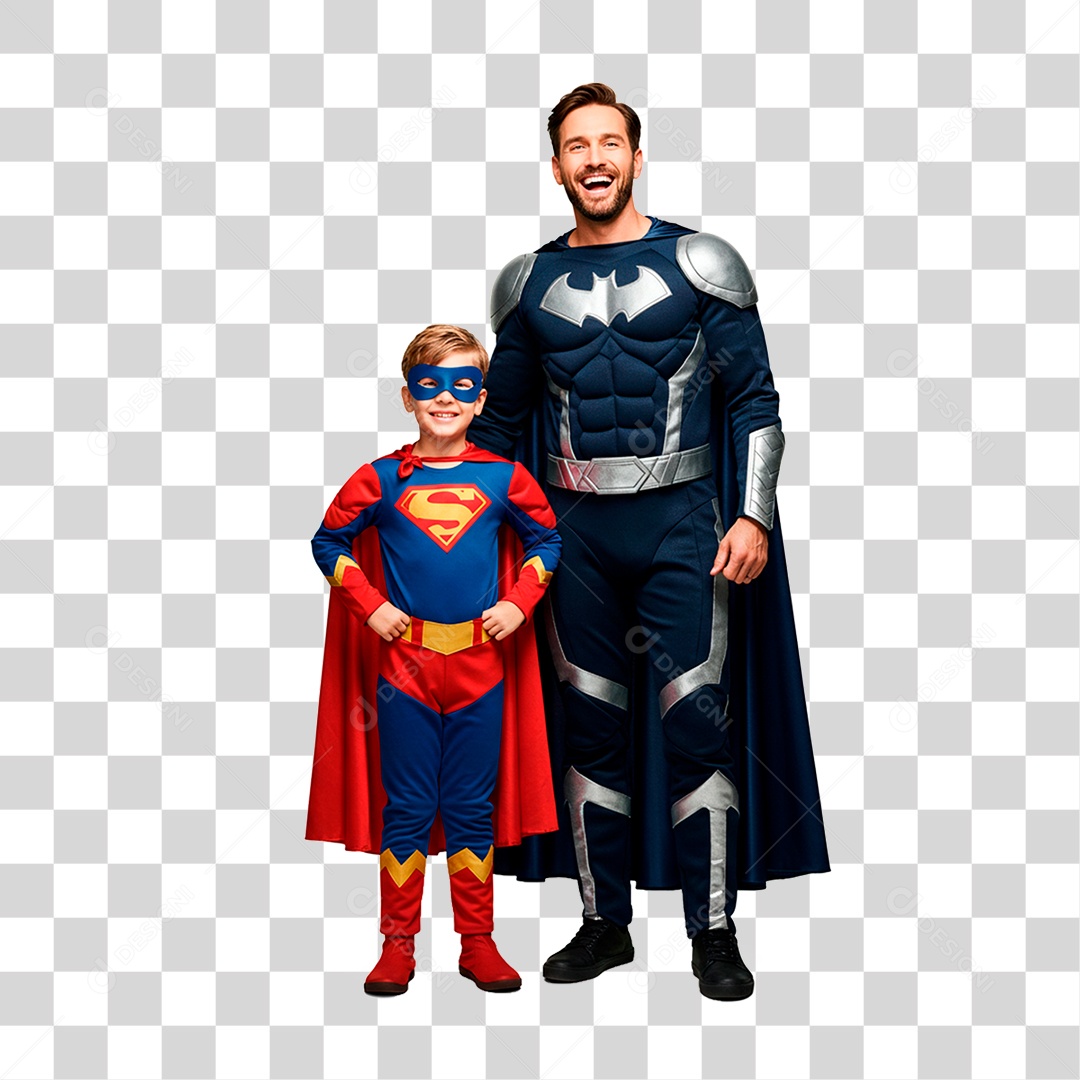 Pai e Filho com Fantasia de Super Herói PNG Transparente