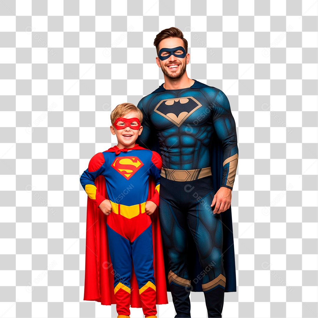 Pai e Filho com Fantasia de Super Herói PNG Transparente