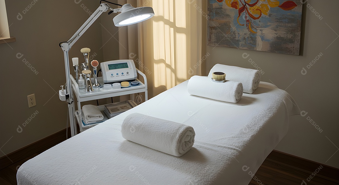 Imagem mostra uma sala de tratamento estético ou consultório de dermatologia estética