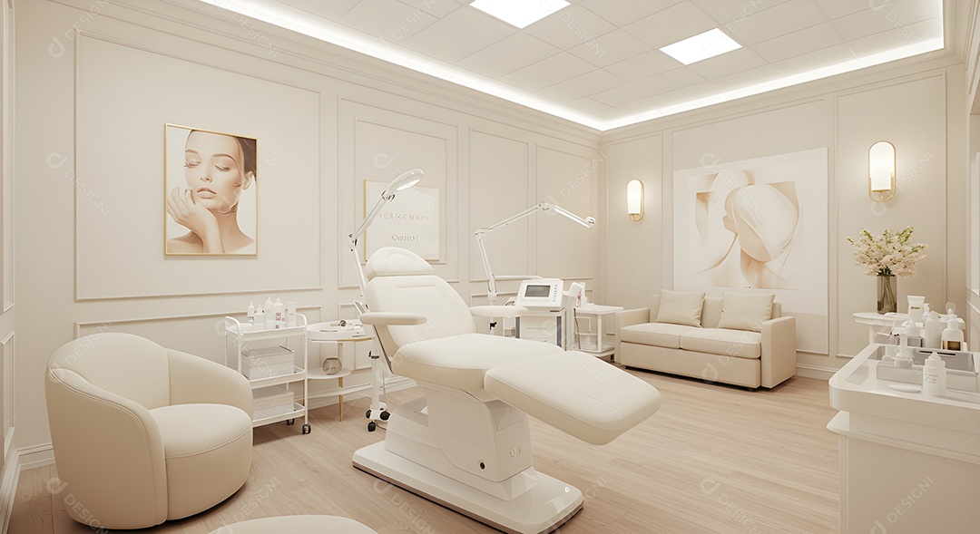 Imagem mostra uma sala de tratamento estético ou consultório de dermatologia estética