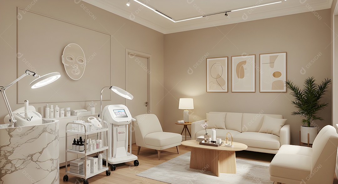 Imagem mostra uma sala de tratamento estético ou consultório de dermatologia estética