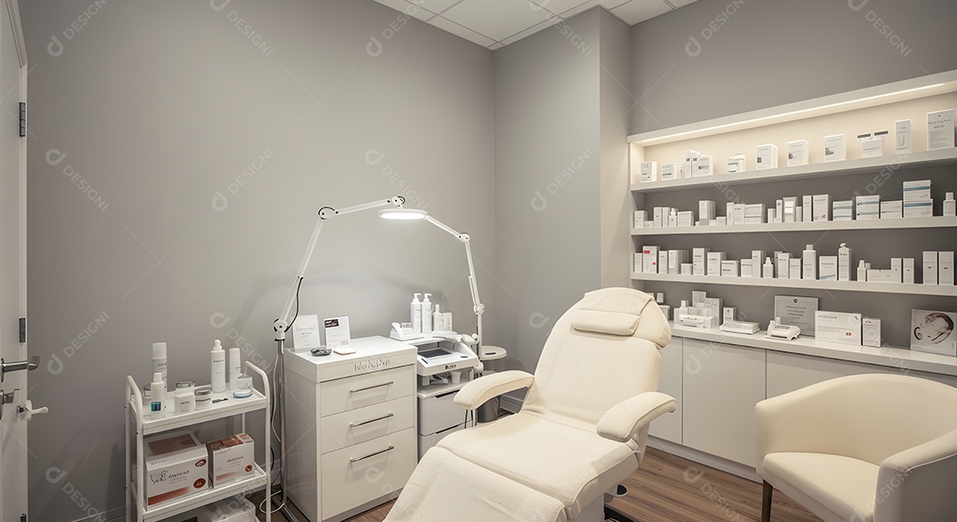 Imagem mostra uma sala de tratamento estético ou consultório de dermatologia estética