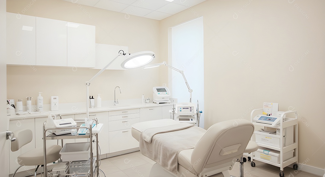 Imagem mostra uma sala de tratamento estético ou consultório de dermatologia estética
