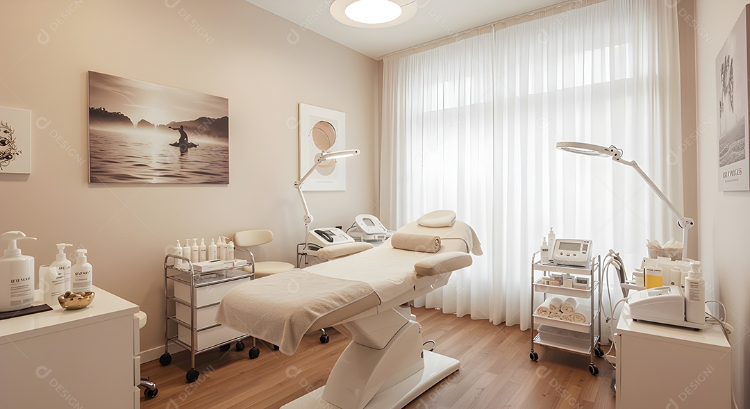 Imagem mostra uma sala de tratamento estético ou consultório de dermatologia estética