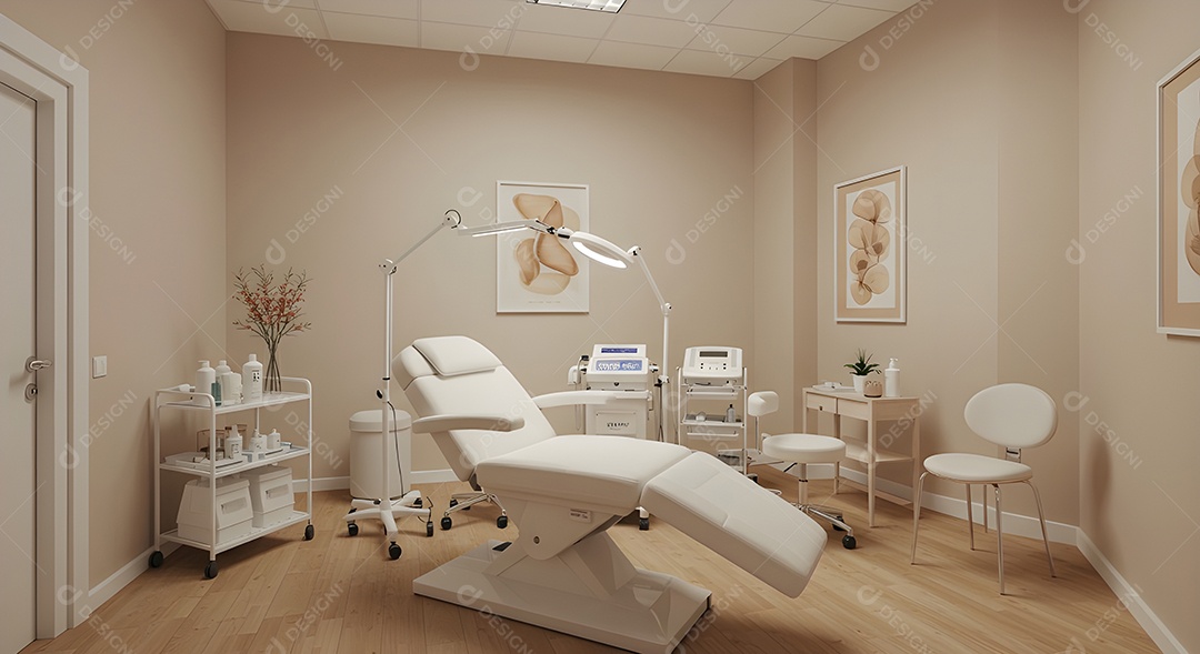 Imagem mostra uma sala de tratamento estético ou consultório de dermatologia estética