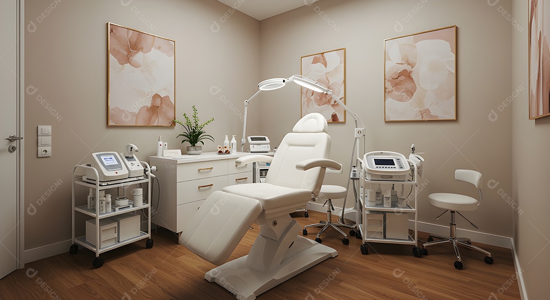 Imagem mostra uma sala de tratamento estético ou consultório de dermatologia estética
