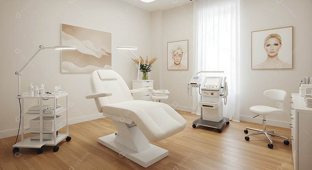 Imagem mostra uma sala de tratamento estético ou consultório de dermatologia estética