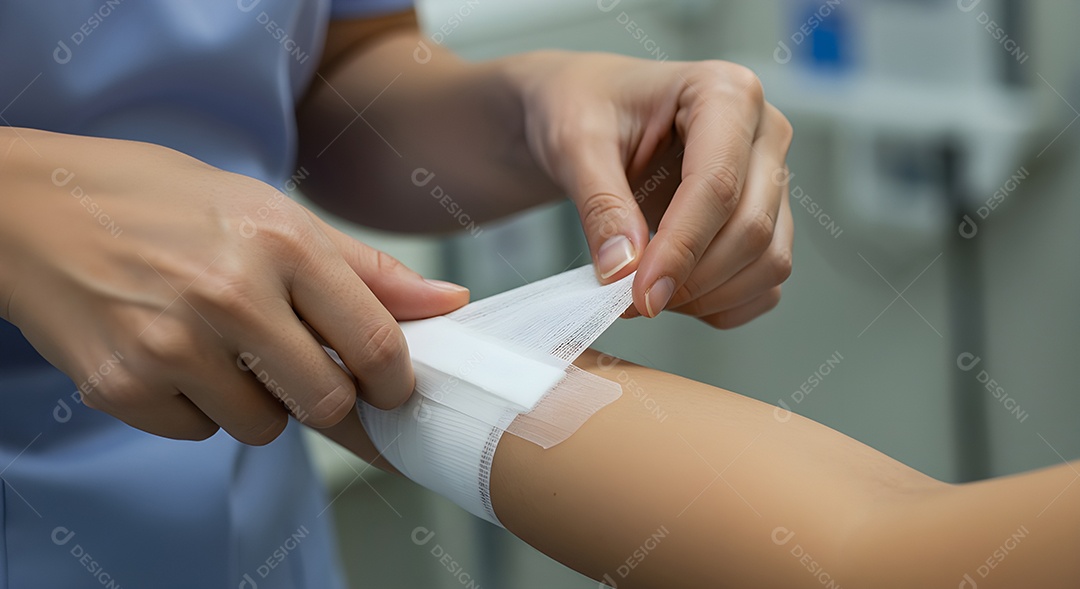 Imagem mostra a aplicação de uma bandagem no braço de uma pessoa.