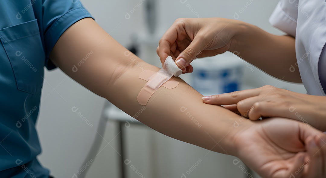 Imagem mostra a aplicação de uma bandagem no braço de uma pessoa.