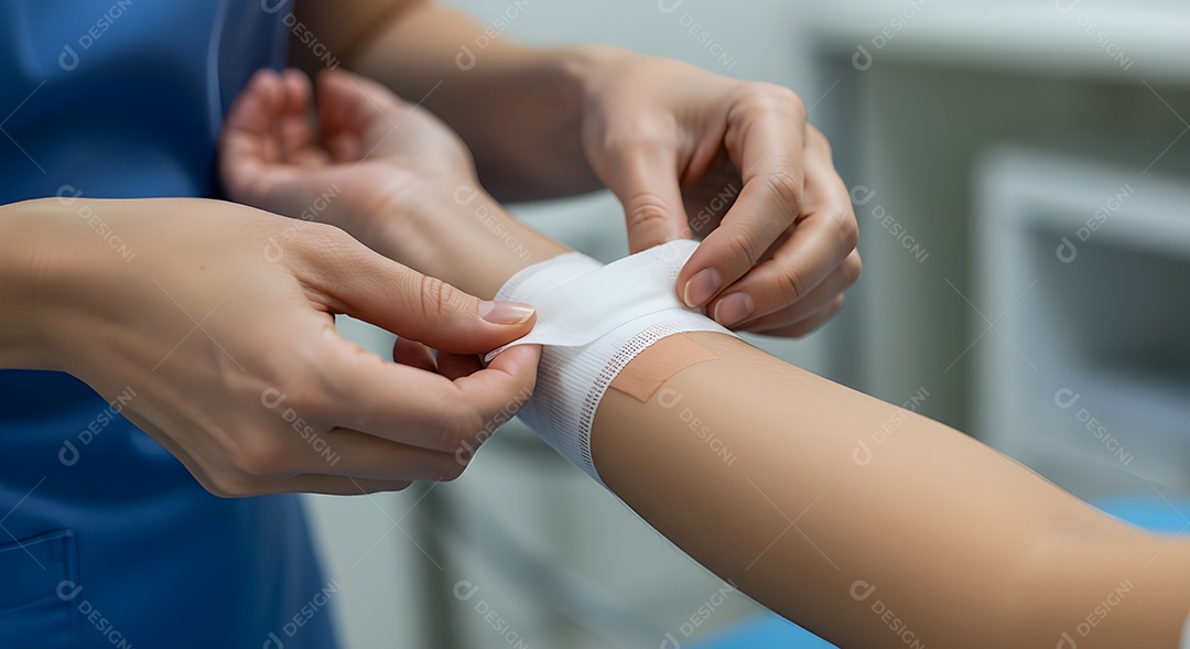 Imagem mostra a aplicação de uma bandagem no braço de uma pessoa.