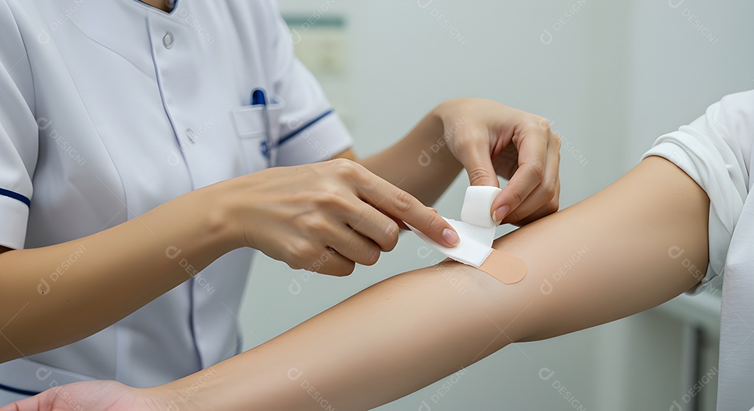 Imagem mostra a aplicação de uma bandagem no braço de uma pessoa.