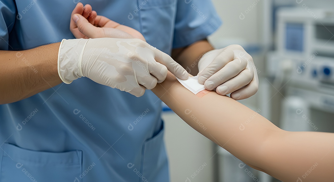 Imagem mostra a aplicação de uma bandagem no braço de uma pessoa.