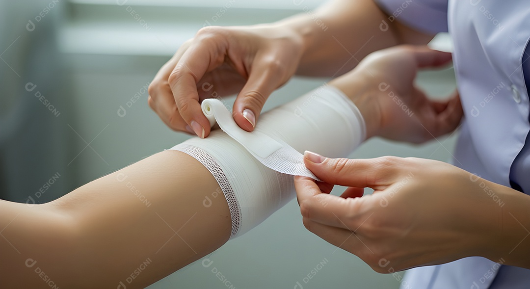 Imagem mostra a aplicação de uma bandagem no braço de uma pessoa.