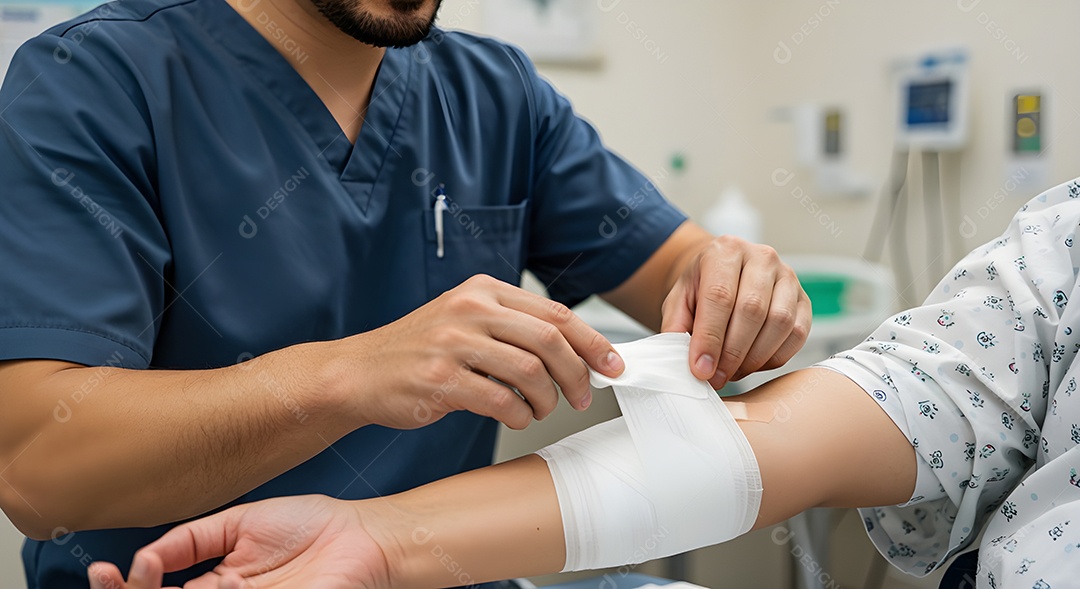Imagem mostra a aplicação de uma bandagem no braço de uma pessoa.