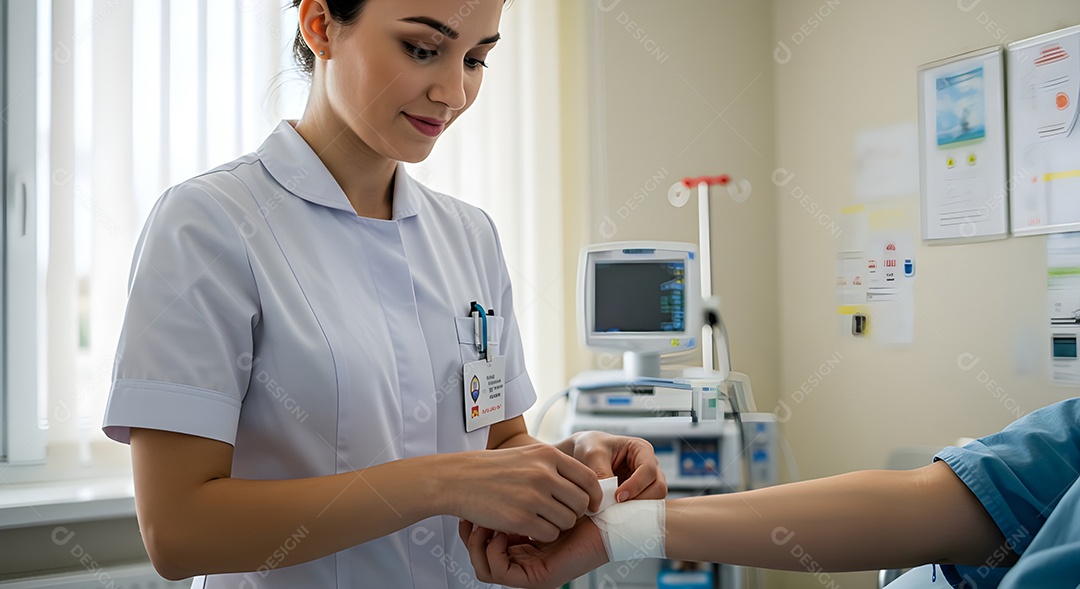 Imagem mostra a aplicação de uma bandagem no braço de uma pessoa.