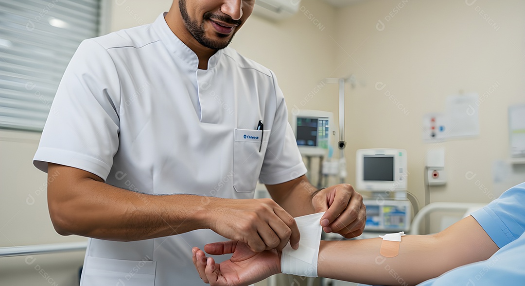 Imagem mostra a aplicação de uma bandagem no braço de uma pessoa.