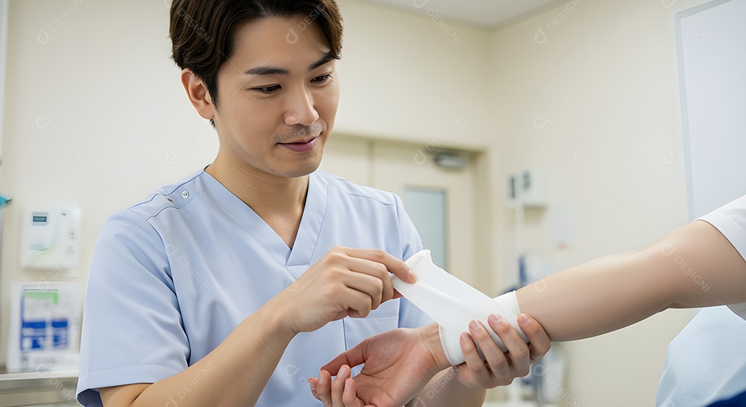 Imagem mostra a aplicação de uma bandagem no braço de uma pessoa.