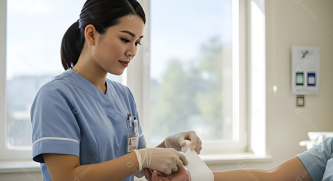 Imagem mostra a aplicação de uma bandagem no braço de uma pessoa.